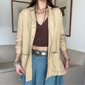 Tan yellow ochre linen button-up cardigan blouse top